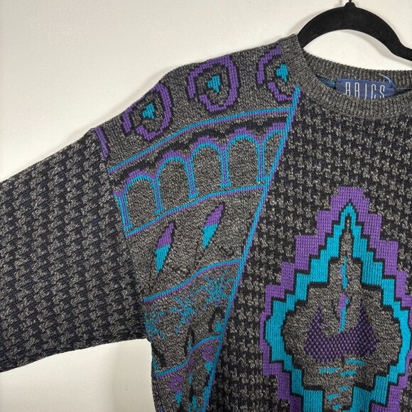 Vintage Abstract Knit Sweater Purple Blue Graphic 90s Grunge Cozy Retro Grandpa - Picture 3 of 6